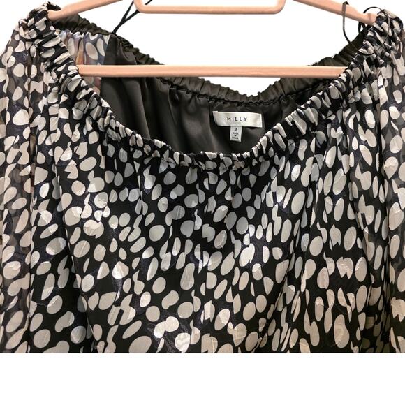 MILLY Revolve Black White Dot Burnout Silky Blouse Bell Sleeve Size Medium EUC - Picture 5 of 9
